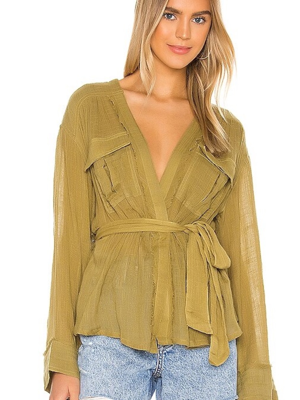 Free People Sheer Wrap Top in Olive Green S